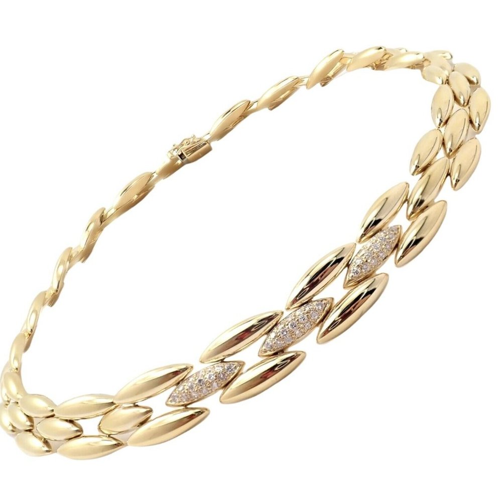 Authentic! Cartier 18k Yellow Gold Diamond Three Row Gentiane Rice Link Necklace